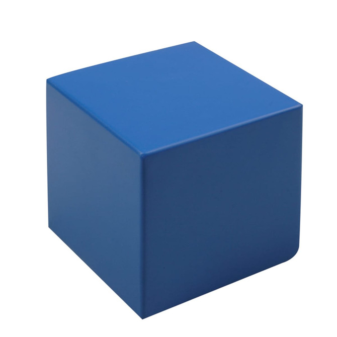 A blue stress shape cube with smooth edges and a matte finish, featuring a logo on one side.