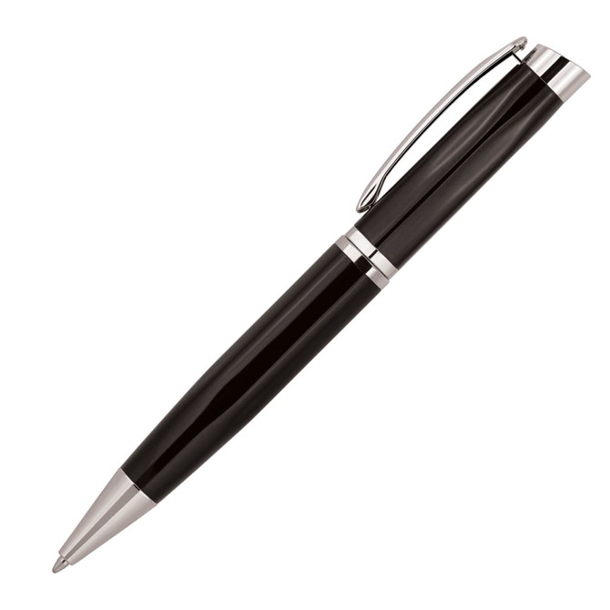 A metal ballpoint pen with a hexagonal shape, featuring a glossy black body and silver accents, including a clip.
