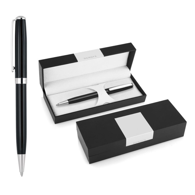 A black metal ballpoint pen displayed alongside its elegant black packaging, featuring a silver trim and a logo.