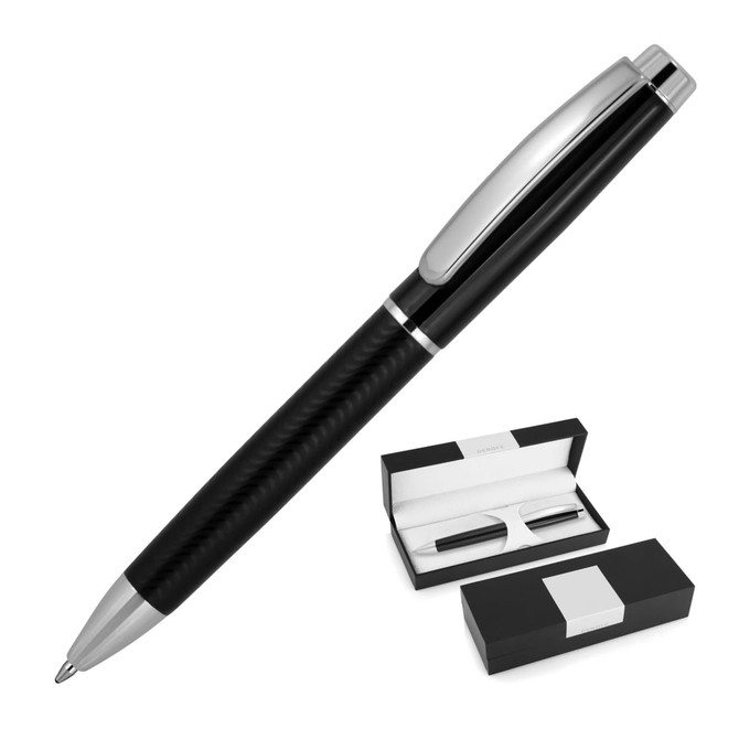 A black ballpoint pen with a textured design and silver accents, presented in a gift box.