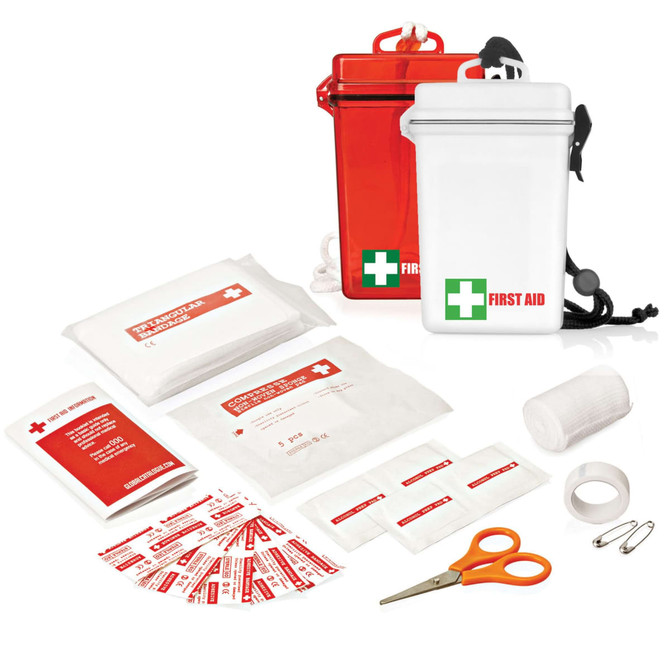 A waterproof first aid kit in red and white, containing bandages, antiseptics, scissors, and other medical supplies.