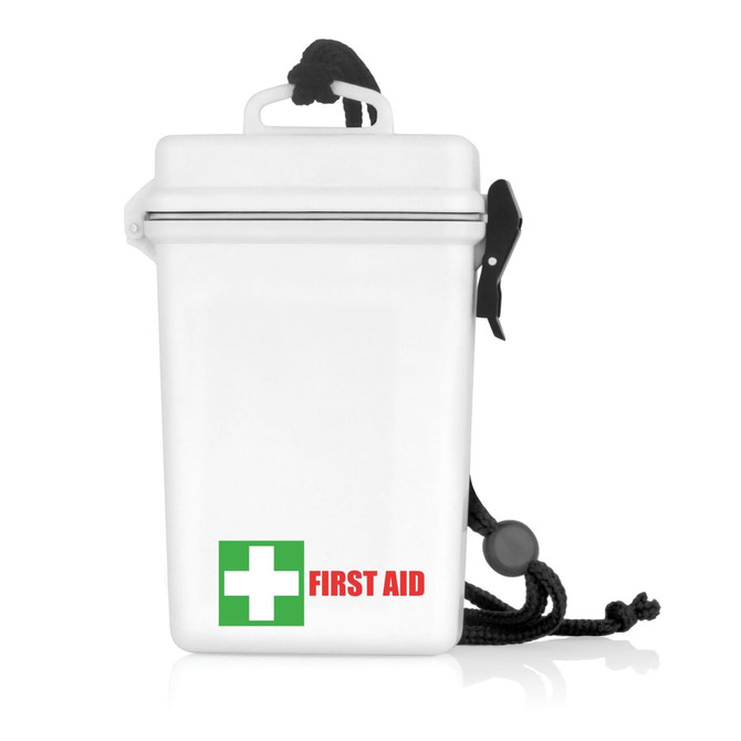 A waterproof white first aid kit with a black strap, featuring a green cross and red text. It has a secure lid.