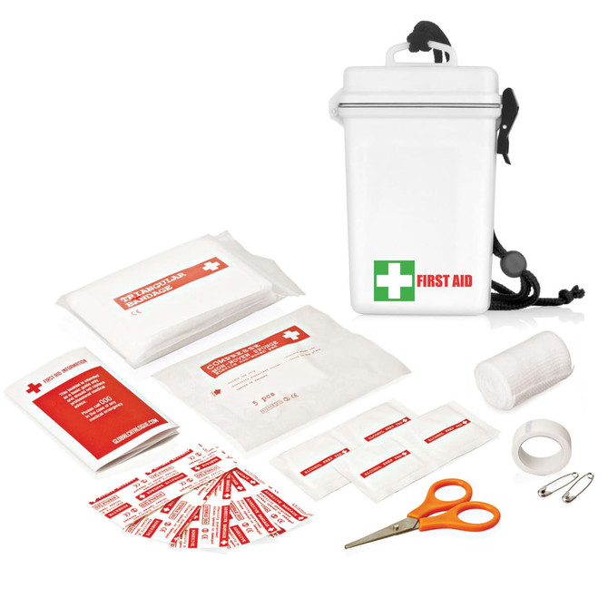 A waterproof white first aid kit containing adhesive bandages, sterile gauze, scissors, tape, and assorted medical supplies.