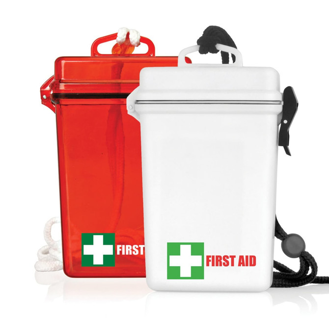 A waterproof first aid kit with a white and red container, including a black cord for carrying. It features a logo.