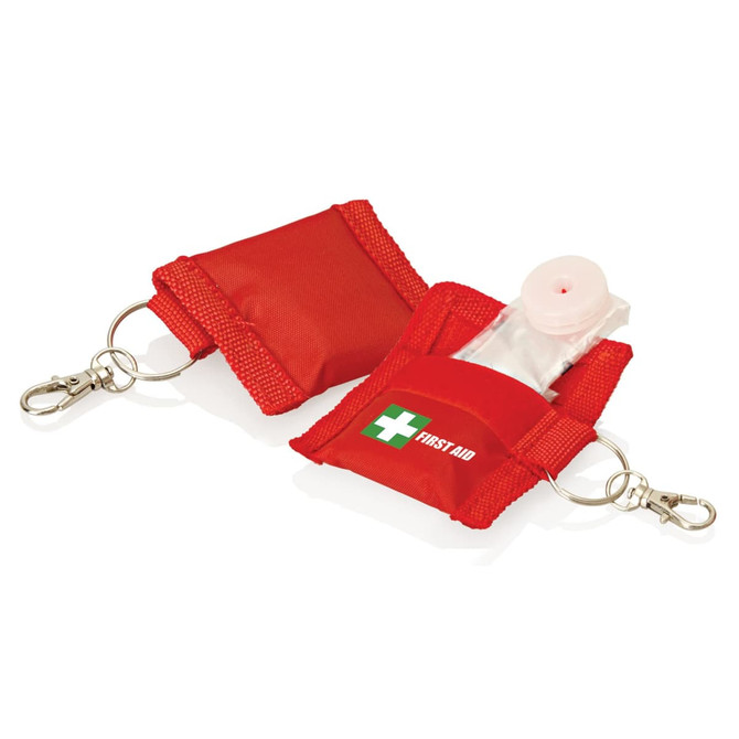A red keyring with a small pouch containing a CPR mask, featuring a logo on the pouch.