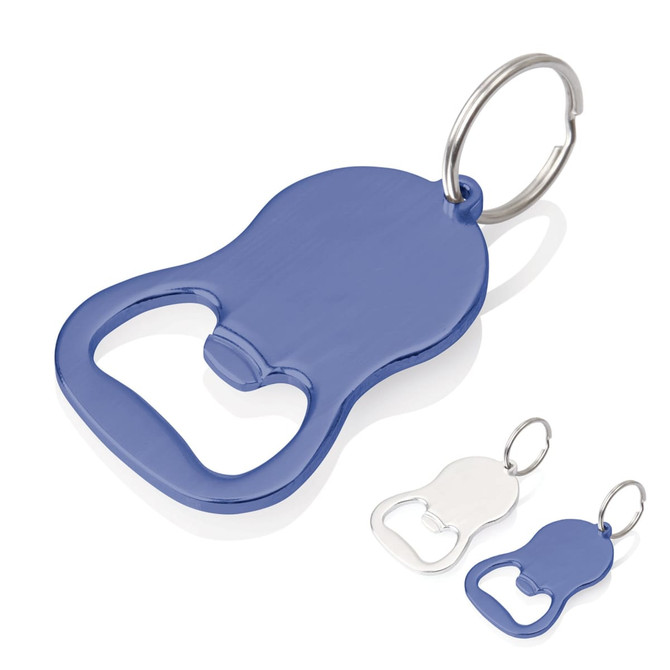 A drink bottle opener keyring in blue, featuring a simple design and a metallic keyring attachment.