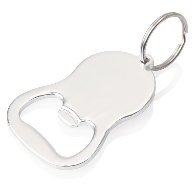A drink bottle opener keyring in silver, featuring a sleek and simple design with a keyring attachment.