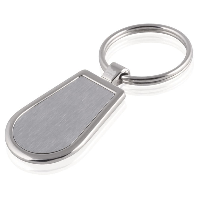 A silver keyring with a polished, brushed surface and a circular attachment. It has a simple, elegant design.