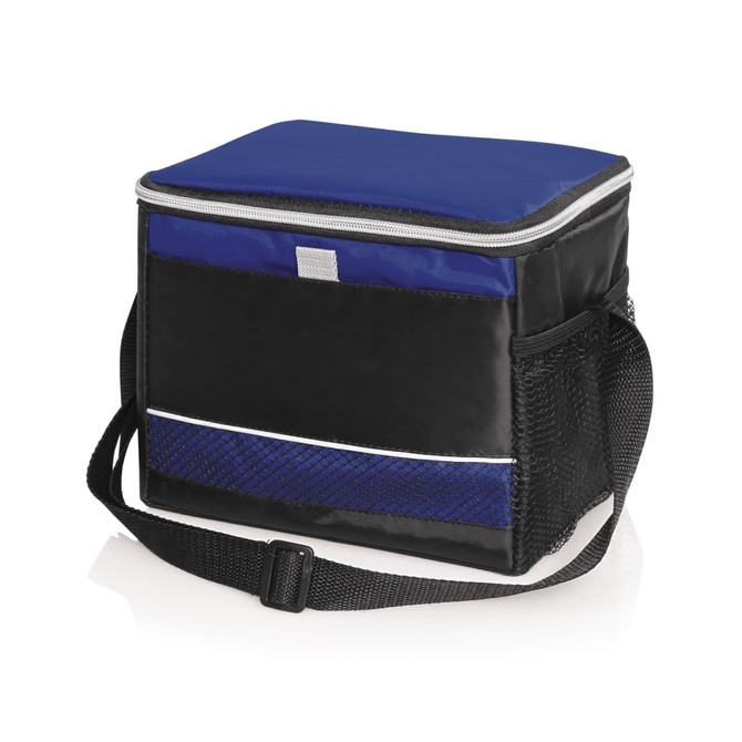 A cooler bag in black and blue, featuring a zippered closure and a shoulder strap for easy carrying.