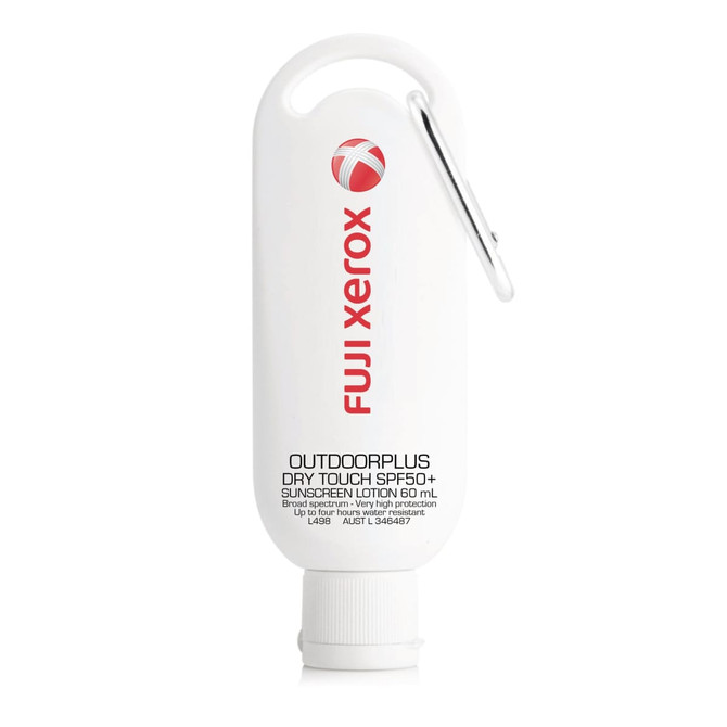 A white sunscreen bottle with a carabiner, featuring SPF 50+ and a branded logo, holding 60ml of product.