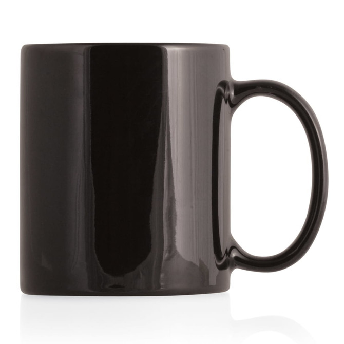 A black ceramic mug with a sleek finish and a comfortable handle. It features a logo.