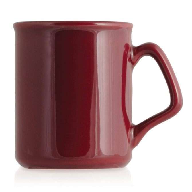 A ceramic mug in a rich burgundy colour with a sturdy handle and smooth finish, featuring a logo.