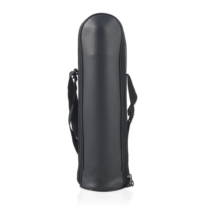 A black, cylindrical carrying case with a zip closure and an adjustable strap.