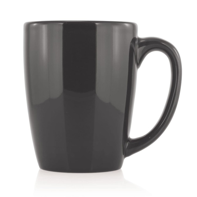 A black ceramic mug with a smooth finish and a comfortable handle, featuring a simple design.