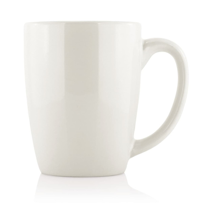 A ceramic mug in a plain white finish, featuring a curved handle and a smooth surface.