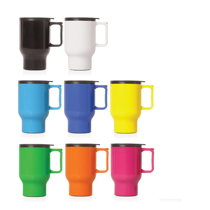 A drink bottle with a double wall design, available in black, white, light blue, dark blue, yellow, green, and pink.
