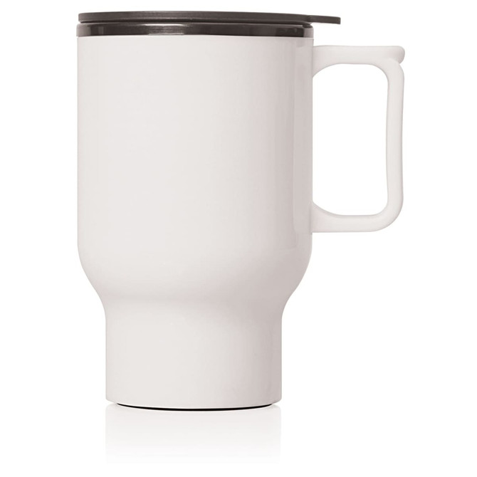 A drink bottle with a white plastic double wall, featuring a handle and a black lid.