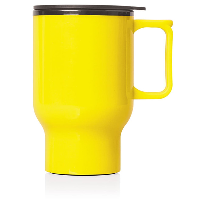 A drink bottle in bright yellow with a black lid and a sturdy handle, featuring a logo on the surface.