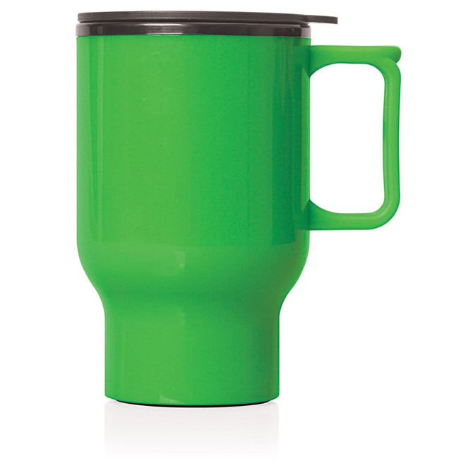 A green travel mug with a black lid and a sturdy handle, made from plastic, featuring a double-wall design.