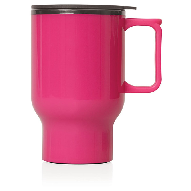 A pink travel mug with a black lid and a handle, featuring a double wall design and a sleek shape.
