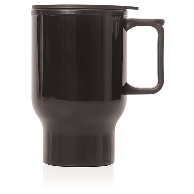 A black travel mug with a double wall, featuring a handle and a lid, holding 560ml. Brand logo visible.