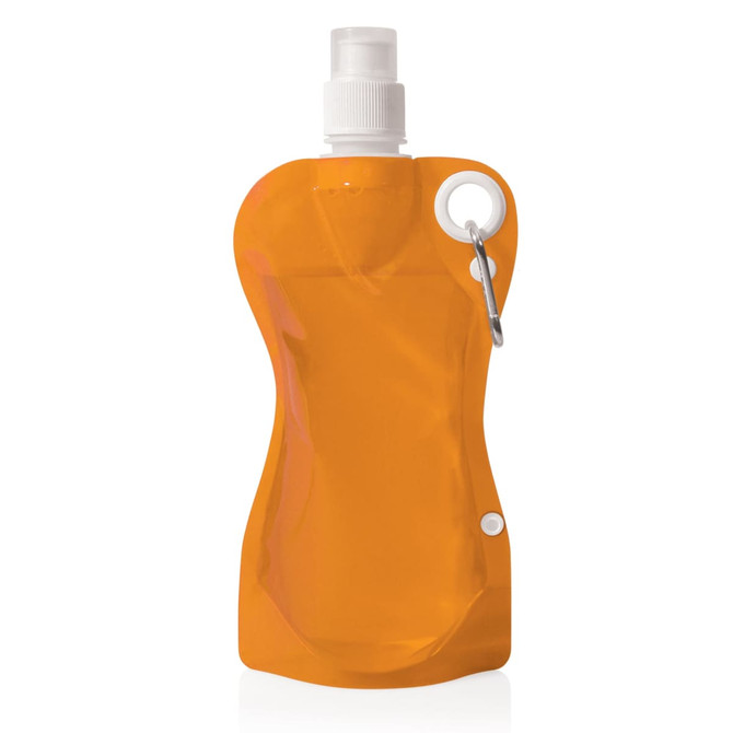 A drink bottle in vibrant orange, featuring a spray nozzle and a keyring attachment, with a logo visible.