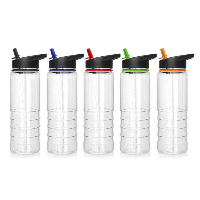 A drink bottle collection featuring five transparent Tritan bottles in black, blue, red, green, and orange. Each has a black cap and a logo.