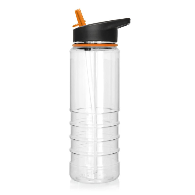 A drink bottle in clear Tritan plastic with a black and orange flip-top lid and a built-in straw.