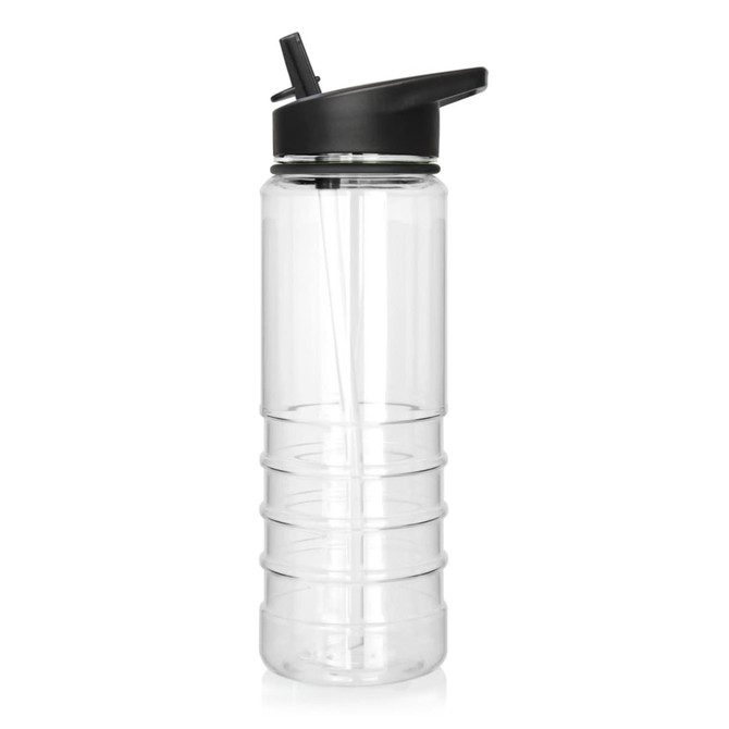 A drink bottle made from clear Tritan with a black lid and straw, featuring a textured grip design.