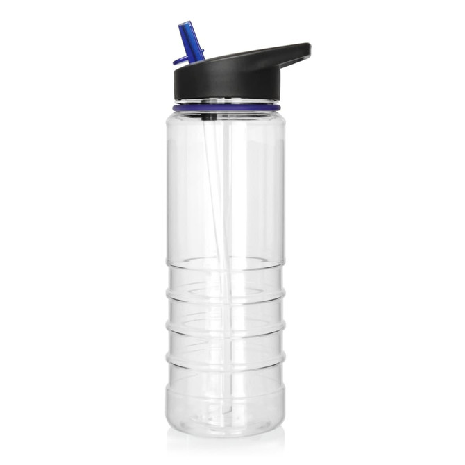 A drink bottle made of clear Tritan plastic, featuring a black lid and blue straw. It has a textured grip.