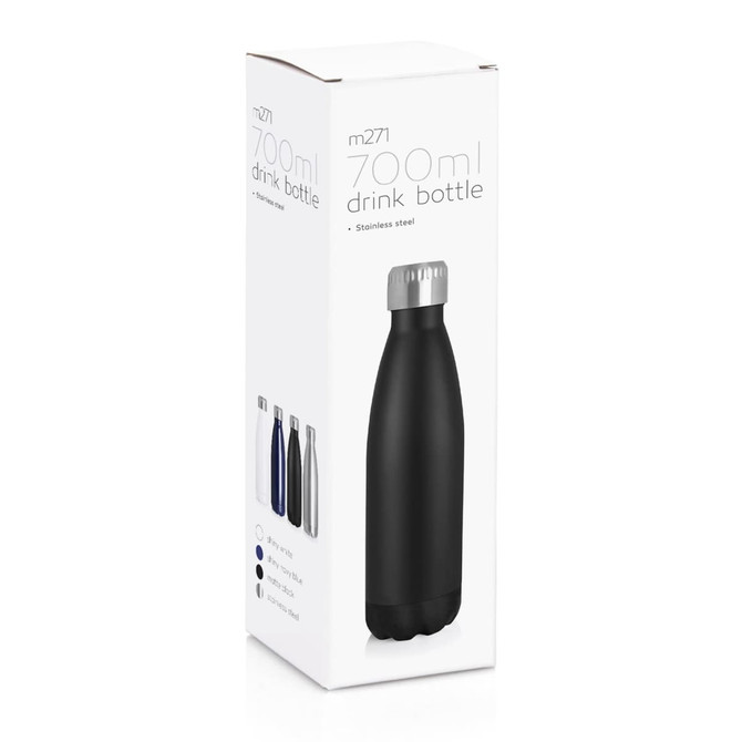 A drink bottle in matte black, made of stainless steel, presented in a vertical box with a visible logo.