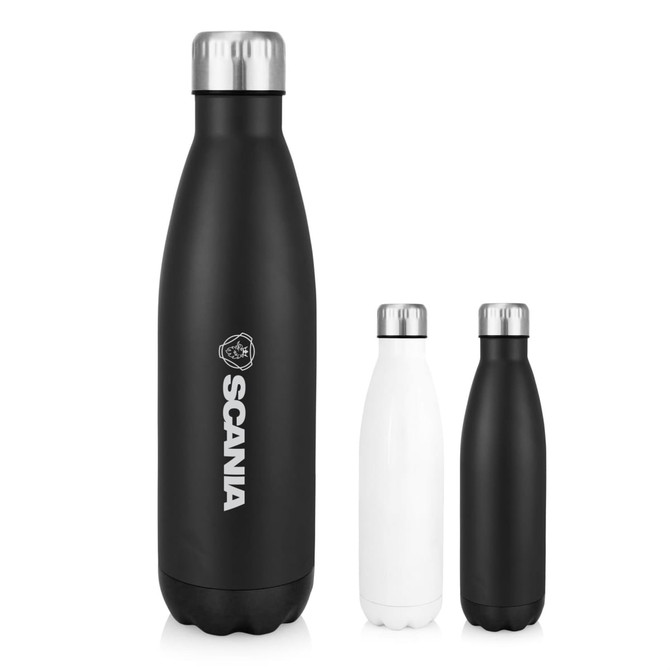 A drink bottle set featuring a black and a white stainless steel design with silver lids and a branding logo.