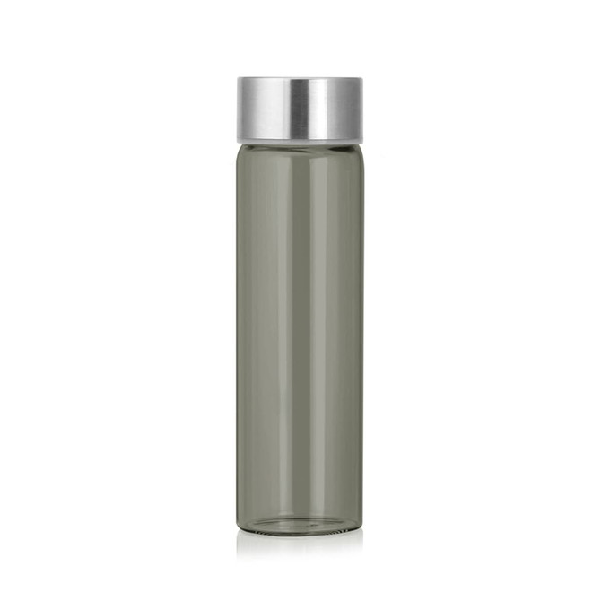 A drink bottle made of Tritan, 500ml capacity, in a transparent grey colour with a silver cap. Features a logo.
