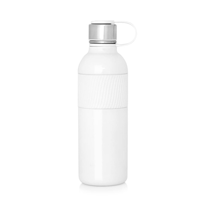A drink bottle in white with a stainless steel cap and a textured band around the middle. It has a logo.