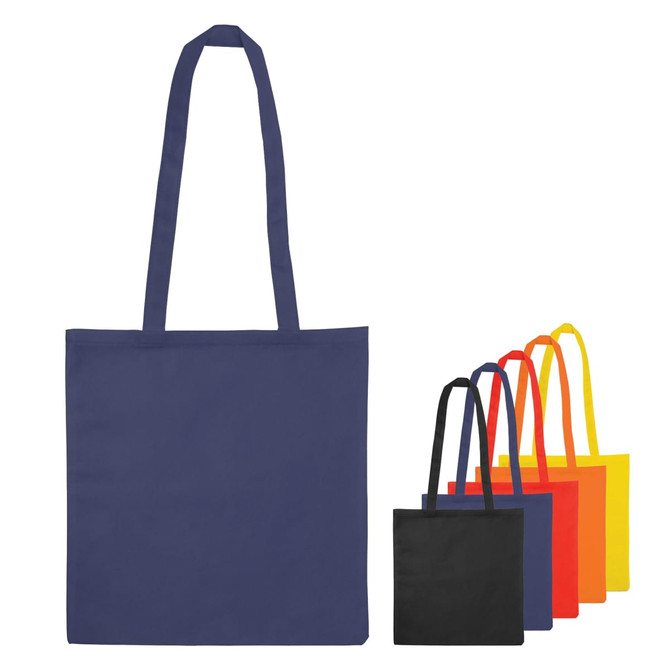 A non-woven tote bag in navy with five smaller bags in red, yellow, black, and orange. All bags have a logo.