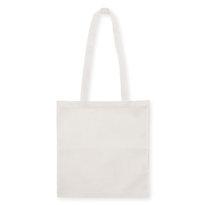 A plain white non-woven tote bag with long handles and no gusset. It features a logo on one side.
