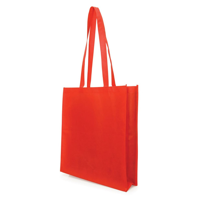 A red non-woven tote bag with a gusset and long handles, featuring a logo.