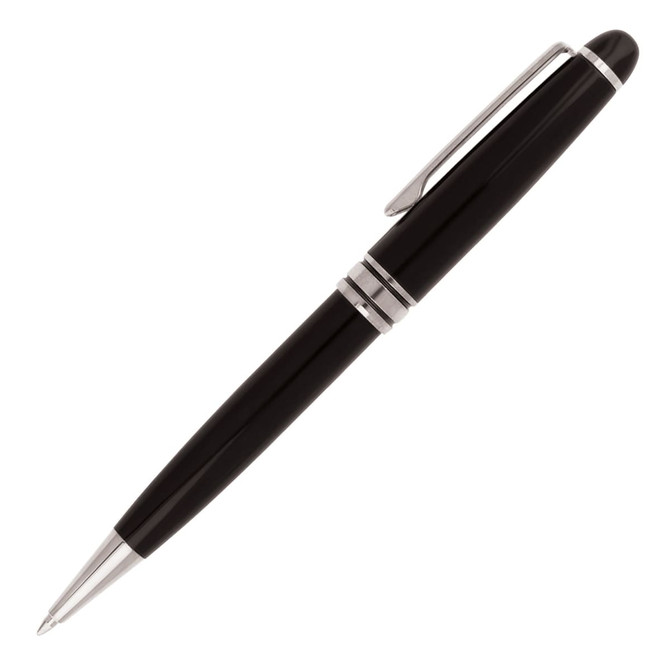 A black ballpoint pen with a sleek design and silver accents, featuring a clip and a polished finish.