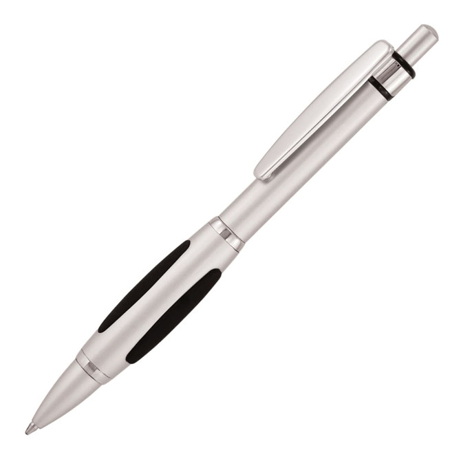 A silver ballpoint pen with black grips and a chrome clip, featuring a logo on the side.