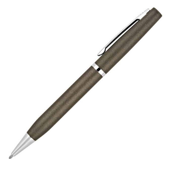 A metal ballpoint pen in a matte olive green finish with a silver clip and accent. It features a branding logo.
