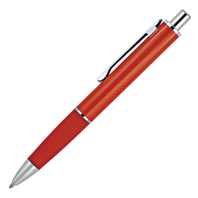 A red metal ballpoint executive pen with silver accents and a textured grip. It features a branding logo.