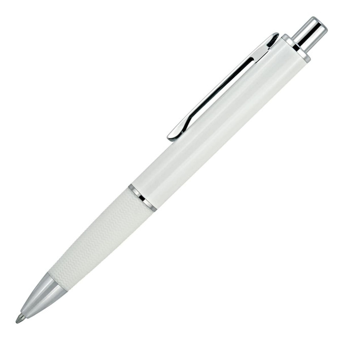 A metal ballpoint pen in white with chrome accents and a textured grip. It features a branding logo.