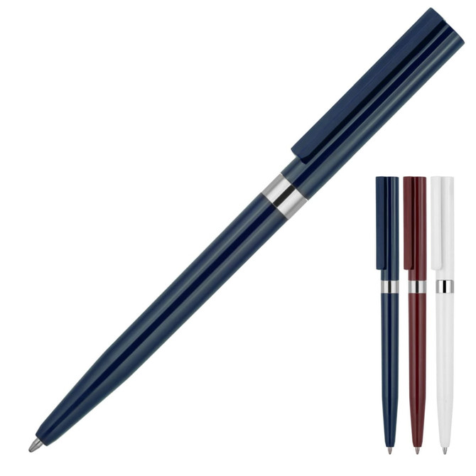 A sleek ballpoint pen in navy blue, with additional options in red, white, and a logo on the side.