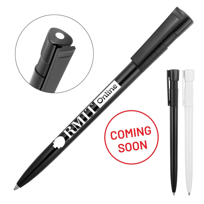 A ballpoint pen with a high gloss finish in black and white, featuring a clip and a logo.