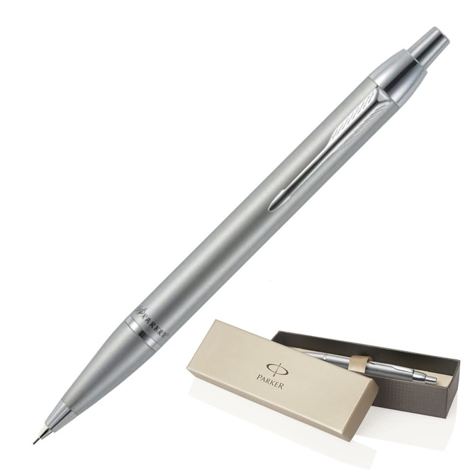 A metallic mechanical pencil in brushed stainless steel, displayed with a matching gift box and branding.