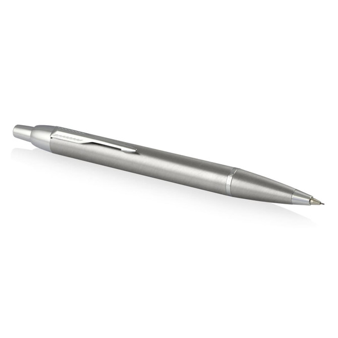 A mechanical pencil with a brushed stainless steel finish, featuring a sleek design and a clip for attachment.