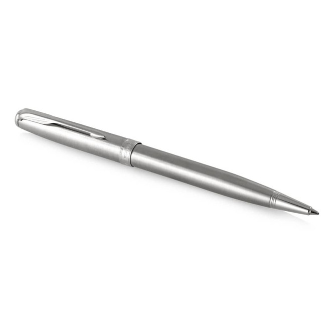 A metal ballpoint pen in brushed stainless steel, featuring a sleek design and one logo.