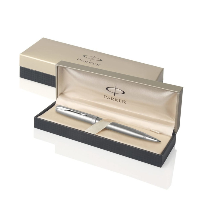 A brushed stainless steel ballpoint pen displayed in a stylish gift box with a logo inside.