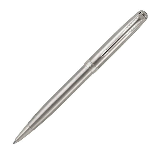 A metal ballpoint pen in brushed stainless steel with a sleek design and a branded logo.