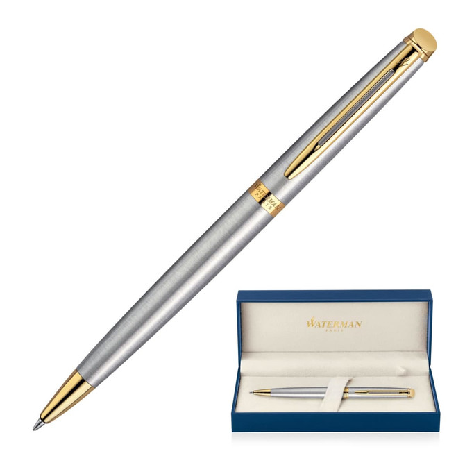 A ballpoint pen in brushed stainless steel with gold accents, displayed in a blue presentation box.